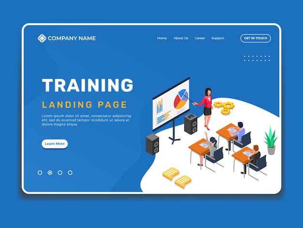 Training process landing page illustration template with isometric people explain work material