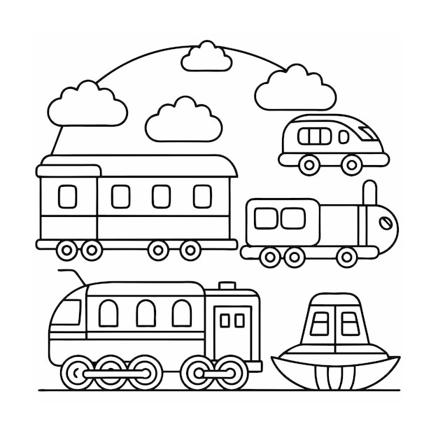 Vector trains coloring pages for kids book