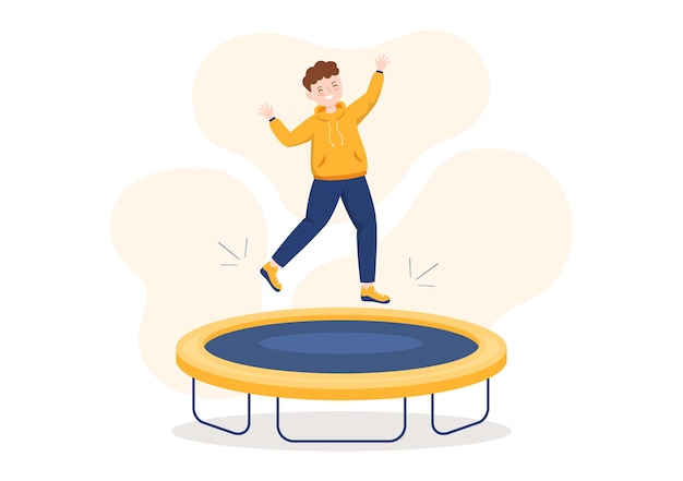 Trampoline Illustration with Youth Jumping On a Trampolines in Hand Drawn Summer Outdoor Activity