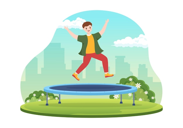 Trampoline Illustration with Youth Jumping On a Trampolines in Hand Drawn Summer Outdoor Activity