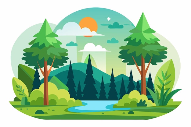 Vector tranquil forest landscape with a winding river