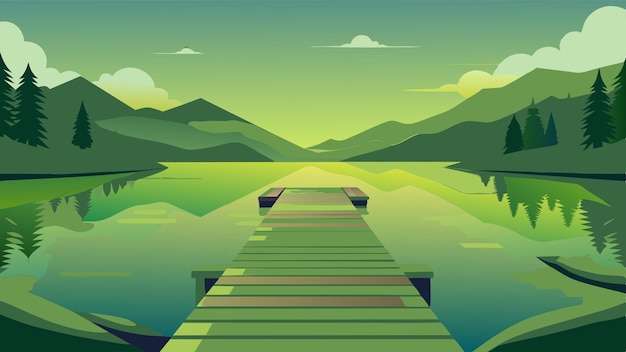 Vector a tranquil lake scene with a wooden dock stretching vector illustration flat 2