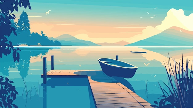 Tranquil Lakeside Dock with Rowboat Vector Illustration