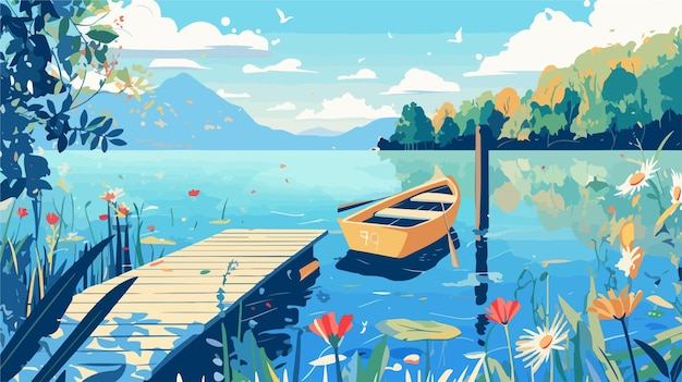 Tranquil Lakeside Dock with Rowboat Vector Illustration