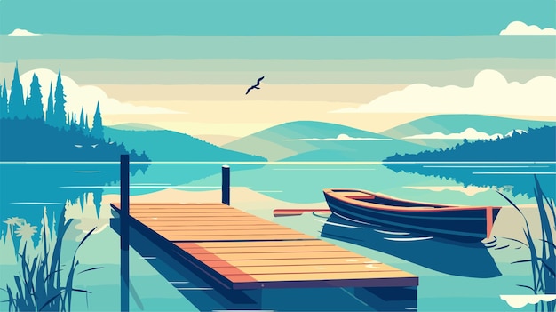 Tranquil Lakeside Dock with Rowboats Vector Illustration