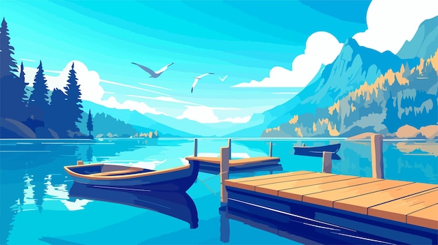 Tranquil Lakeside Dock with Rowboats Vector Illustration