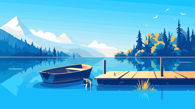 Tranquil Lakeside Dock with Rowboats Vector Illustration