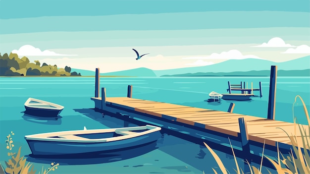 Vector tranquil lakeside dock with rowboats vector illustration