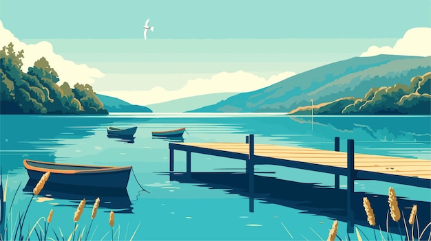 Vector tranquil lakeside pier with moored boats