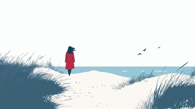 Vector tranquil lone woman in red on sea dune