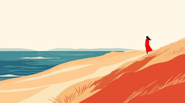 Vector tranquil lone woman in red on sea dune