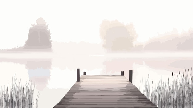 Vector tranquil misty lake pier in serene silence