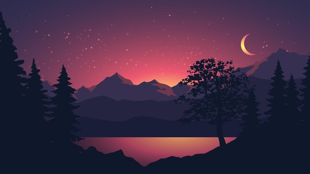 Tranquil night landscape with lake forest and mountain