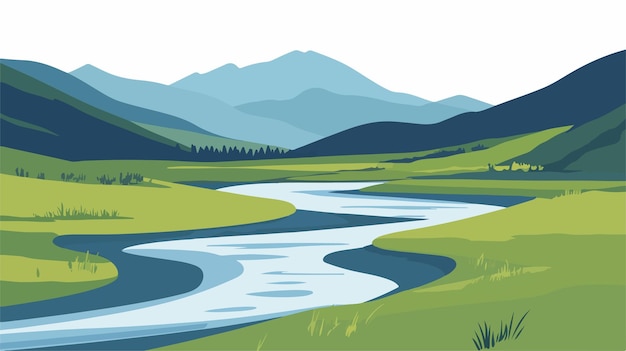 Vector tranquil river flowing through green valley serene nature landscape