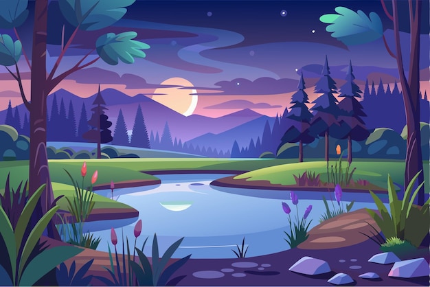 A Tranquil River Winding Through a Lush Forest at Dusk