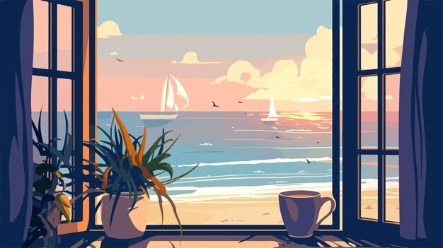 Vector tranquil seaside sunset view through window in la