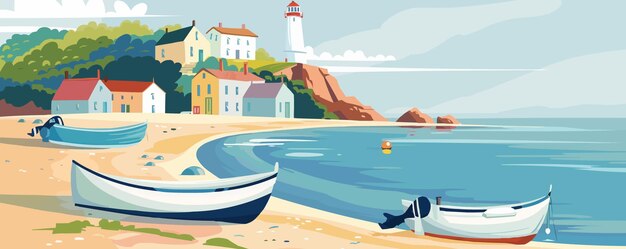 Vector tranquil seaside village with fishing boats a lighthouse and a sandy beach flat vector illustration in watercolor style