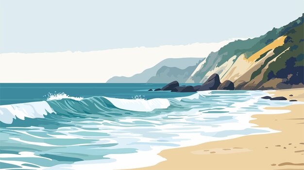 Vector tranquil secluded beach landscape with gentle waves and clear sky