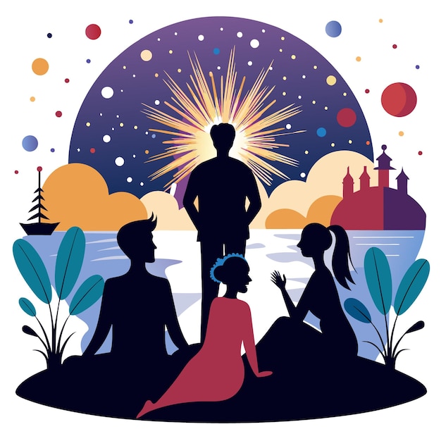 Vector tranquil silhouettes amidst confetti and fireworks silhouette serenity