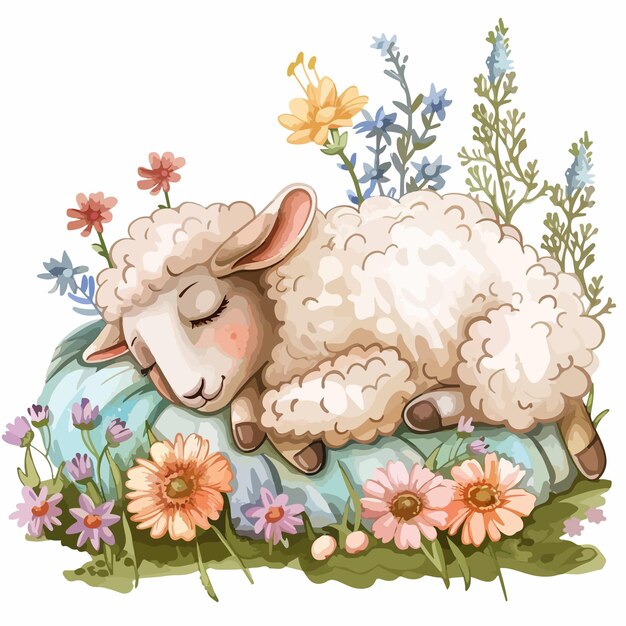 Vector tranquil sleeping sheep and flowers clipart isolated on white background