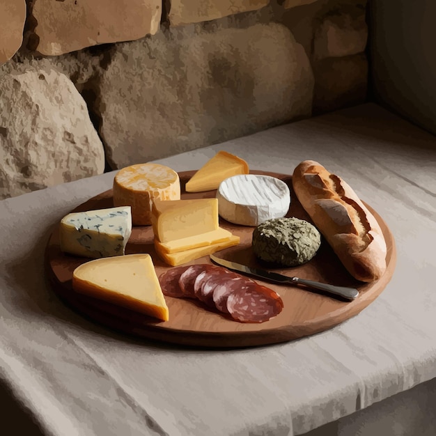 Vector a tranquil still life composition featuring a collection of artisanal cheeses charcuterie