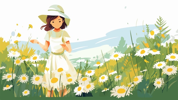 Vector tranquil summer fields child holding chamomile blooms