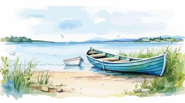 Tranquil Summer Sea or Lake Landscape with Beach and Boats