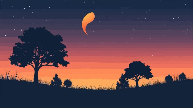 Vector tranquil sunset and moonrise with silhouette tree