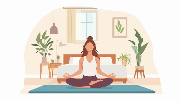 Vector tranquil woman meditating on exercise mat in bedroom