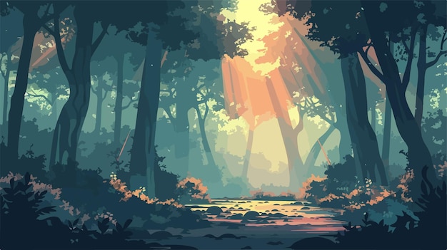 Tranquil Woodland Glen with Sunlight Shafts