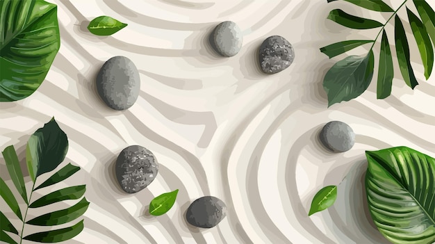 Vector tranquil zen garden with stones green leaves and white sand