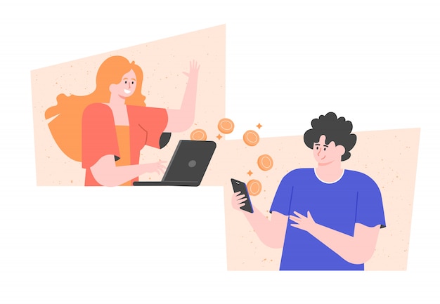 Transfer money online. A girl transfers payment from a laptop to a guys smartphone. flat illustration.