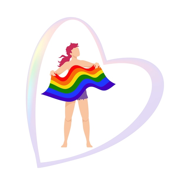 Transgender red head person holding LGBTQA flag rainbow pride flag heart silhouette behind