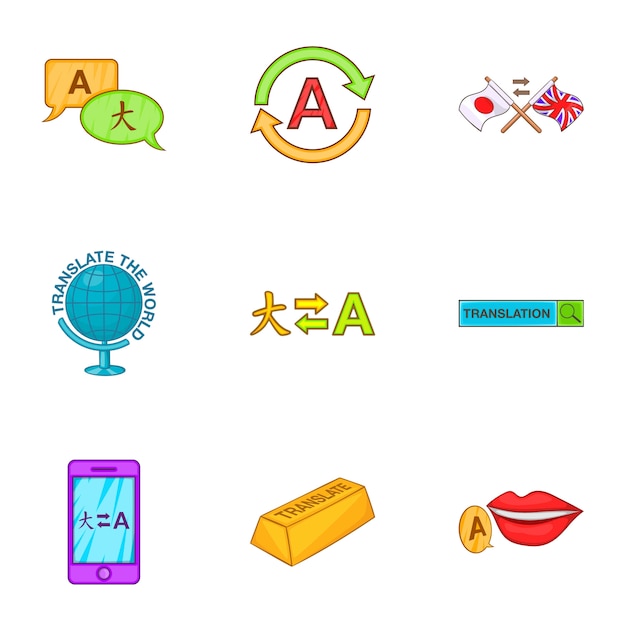 Translation icons set, cartoon style