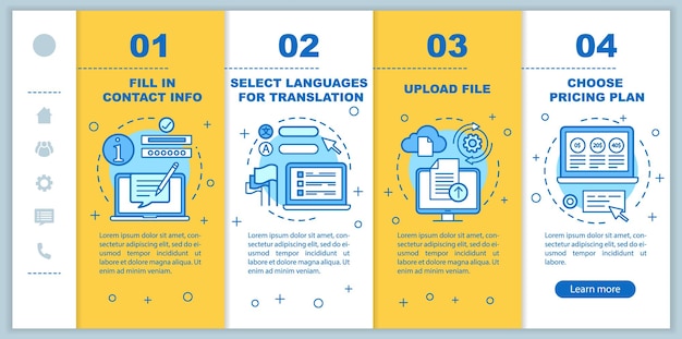 Translation service onboarding mobile web pages vector template Upload file Responsive smartphone website interface idea with linear illustrations Webpage walkthrough step screens Color concept