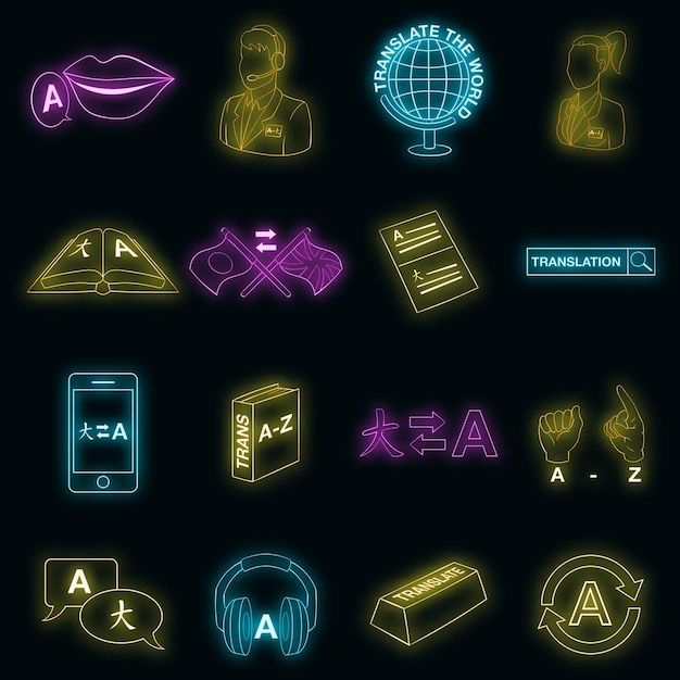 Translator icons set in neon style. Language interpreter set collection vector illustration