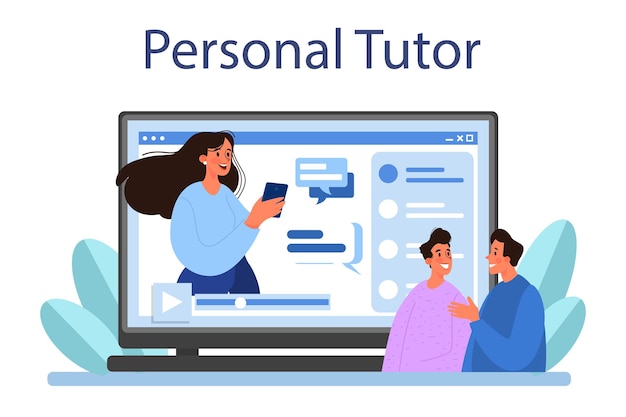 Translator online service or platform.  Online personal tutor. Flat vector illustration