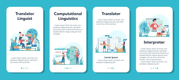 Translator and translation service mobile application banner set. Polyglot translating document, books and speach. Multilanguage translator using dictionary.   