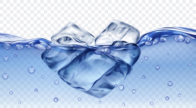 Translucent blue ice cubes floating in water with air bubbles isolated on transparent background