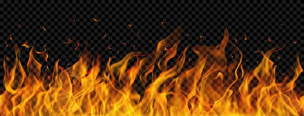 Translucent fire flames and sparks with horizontal repetition on transparent background For used on dark illustrations