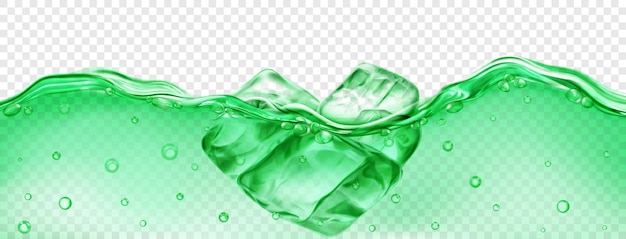 Translucent green ice cubes floating in water with air bubbles isolated on transparent background Transparency only in vector format