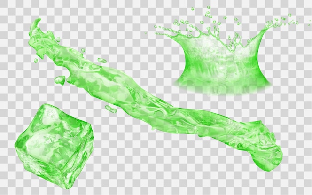 Translucent ice cube splash and water crown with drops  side view In green colors