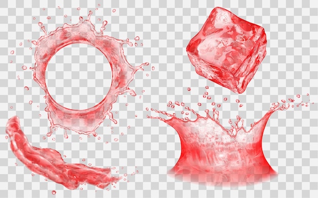 Translucent ice cube splash and water crown with drops top and side view In red colors isolated on transparent backdrop Transparency only in vector file