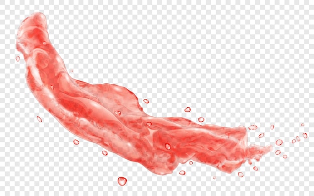 Translucent splash or jet of water with drops in red colors, isolated on transparent background. Transparency only in vector file