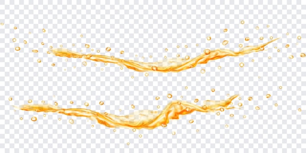 Translucent water jets with drops in yellow colors isolated on transparent background Transparency only in vector file