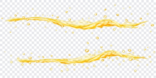 Translucent water jets with drops in yellow colors, isolated on transparent background. Transparency only in vector file