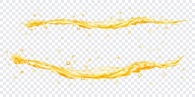 Translucent water jets with drops in yellow colors, isolated on transparent background. Transparency only in vector file