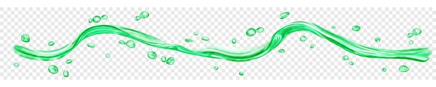 Translucent water wave with drops and bubbles in green colors isolated on transparent background