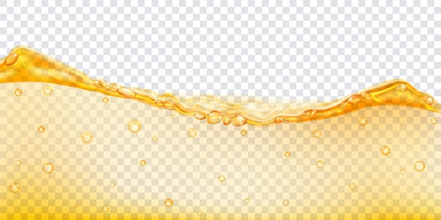 Translucent water wave in yellow colors with air bubbles, isolated on transparent background. Transparency only in vector file