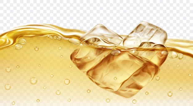 Translucent yellow ice cubes floating in water with air bubbles isolated on transparent background